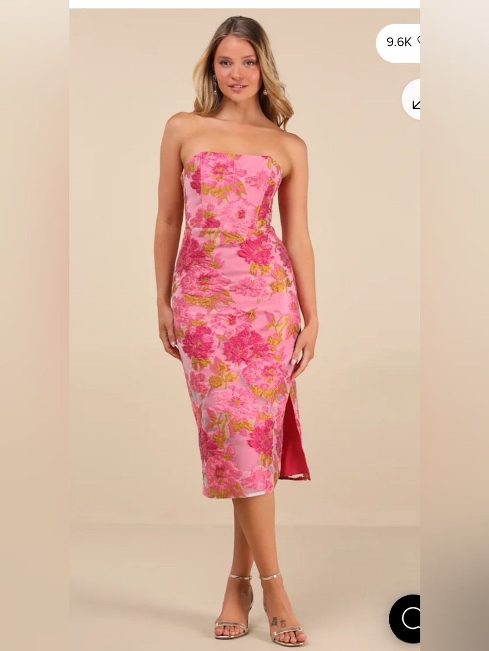 Lulu's Pink Floral Strapless Midi Dress with Side Slit